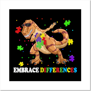 Embrace Differences Dabbing T-Rex Autism Awareness Dinosaur Posters and Art